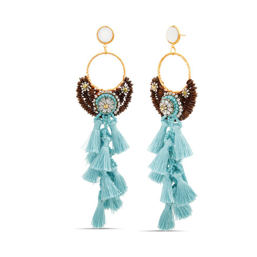 Blue Wood Bead and Blue Raffia Tassel Earrings with Mixed Stone Accents