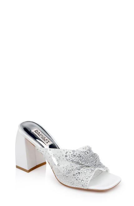 Soft White Camelia Crystal-Embellished Peep-Toe Mules with Block Heel Front Side