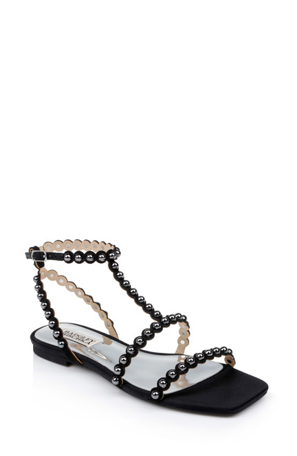 Black Cami Pearled Gladiator Flat Sandal Front Side