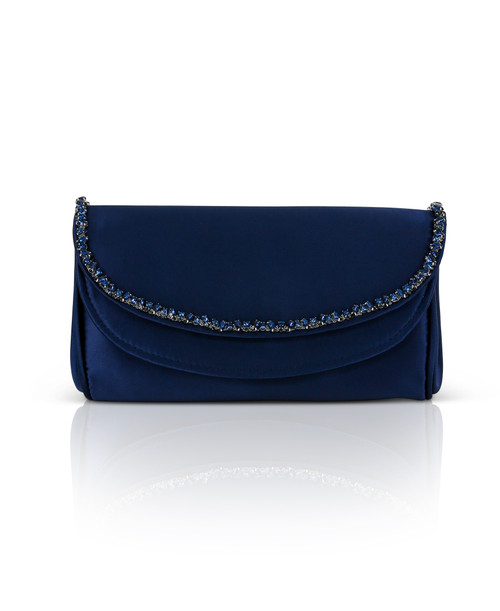 Navy Talia Satin Double Flap Clutch with Crystal Trim Front