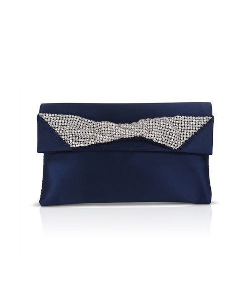 Navy Jasmine Satin Envelope Clutch with Crystal Twist Accent Front