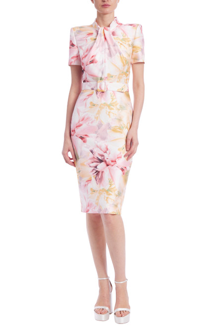 Pink Multi Floral Day Dress with Twist Collar and Belt Front