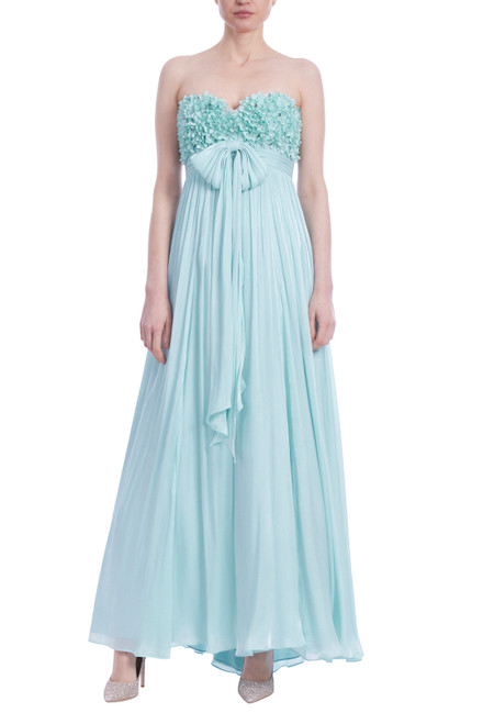 Seafoam Strapless Chiffon Gown with Floral Bodice  Front