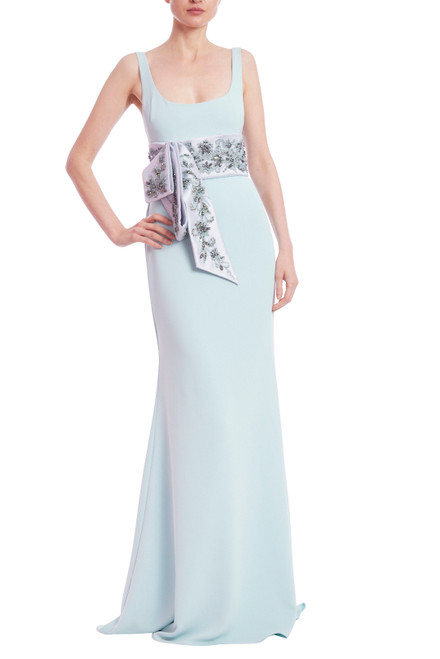 Seafoam Scoop Neck Column Gown with Embellished Sash Front