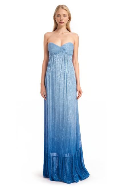 Blue Multi Shimmering Strapless Gown Front