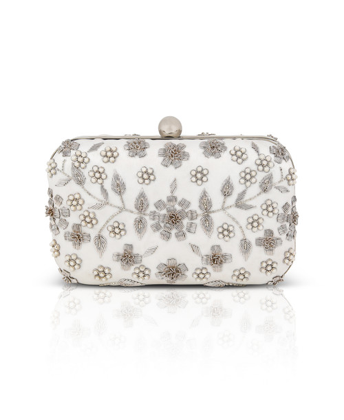 White | Hope Floral Embroidered Beaded Minaudiere
