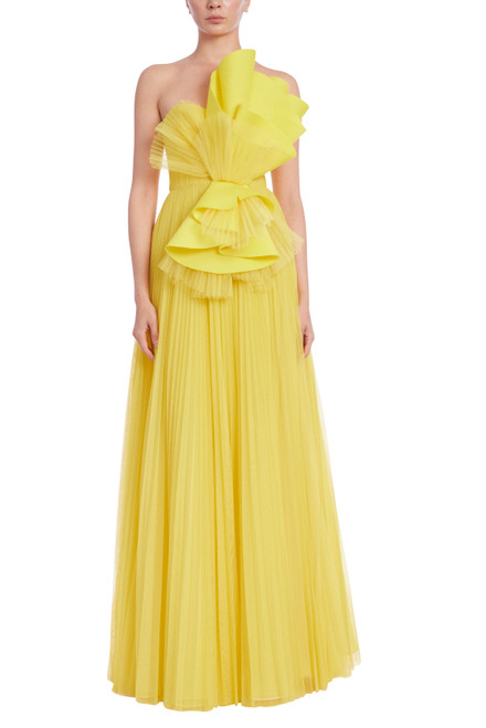 Lemon Strapless Pleated Tulle Ballgown with Sculptural Bow Front Front