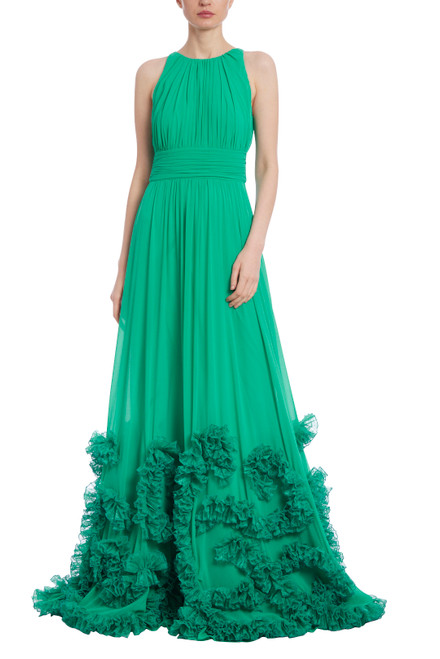 Green Georgette Gown with Tulle Ruffle Hem Front