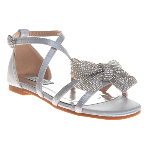 Silver Girls' Strappy Flat Sandal with Rhinestone Bow Front Side