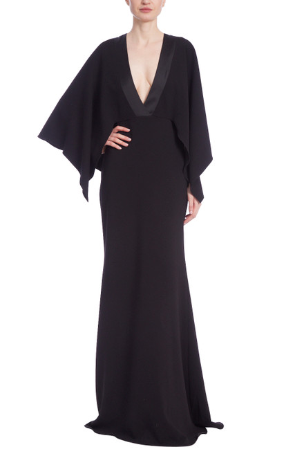 Black Dramatic Deep V-Neck Gown with Butterfly Sleeves Front