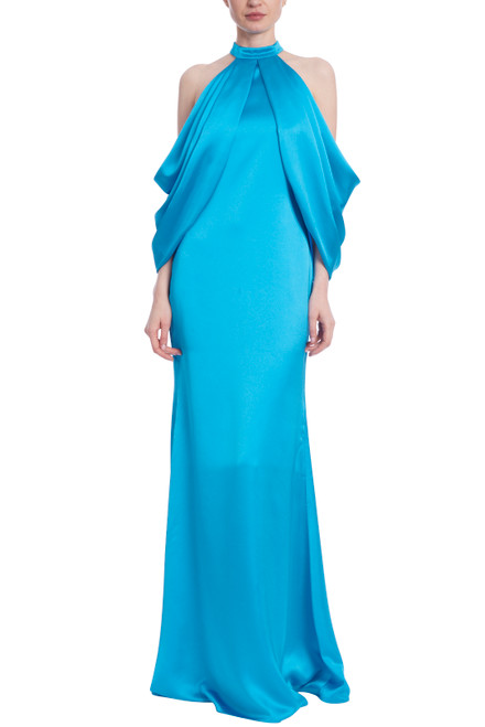 Turquoise Cold Shoulder Draped Gown with Mock Collar Front
