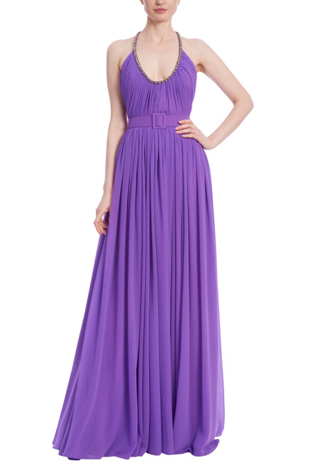Purple | Beaded Scoop Neck Gown with Belted Waist Purple | Beaded Scoop Neck Gown with Belted Waist