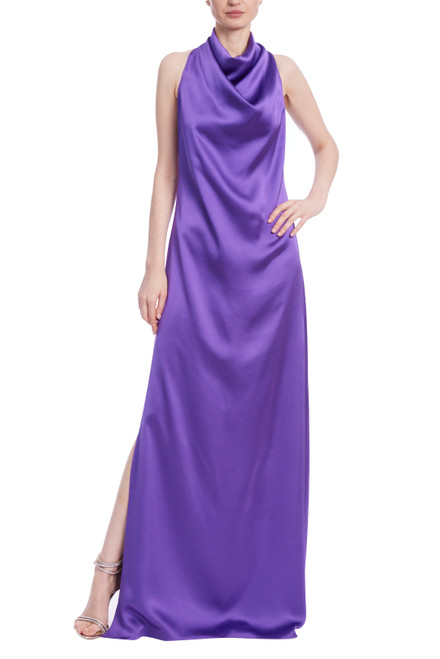 Purple Satin Bias Cut Gown with High Cowl Neck Front