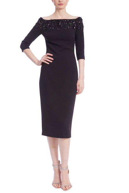 Black Embellished Boatneck Fitted Cocktail Dress Front