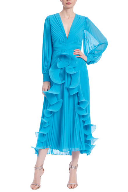 Turquoise Pleated Octopus Ruffle Longsleeve Dress Front