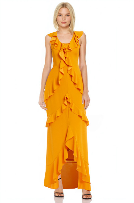 Marigold Alaia Ruffled High Low Gown Front