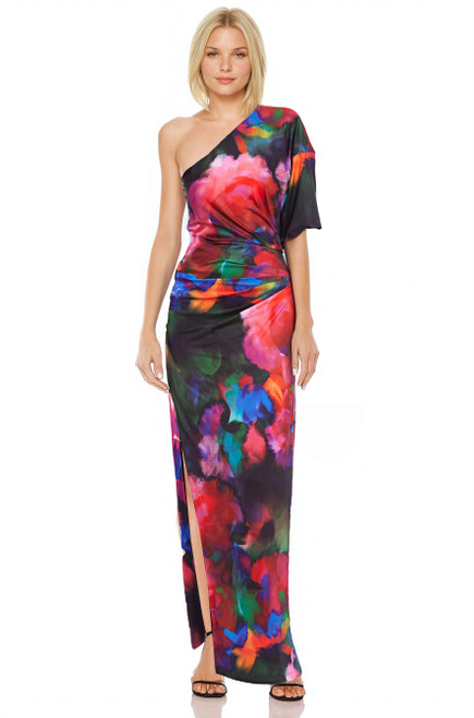 Red Multi Avery Printed One Shoulder Gown with Side Slit Front