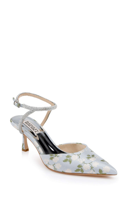 Mist Blue Fabric | Autumn Ankle Strap Kitten Heel Pumps Front Side