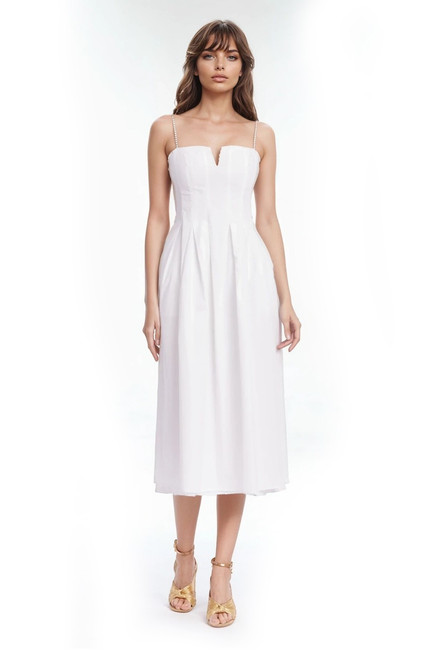 White | Hallie Pleated Cotton Poplin Midi Dress Front