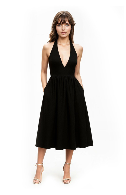 Black | Justine Halter Neck Midi Dress Front