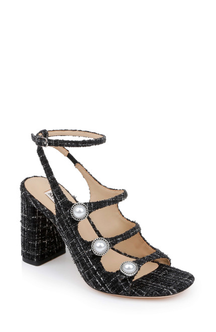 Black Multi | Vella Tweed Pearl Embellished Block Heel Sandals Front Side Black Multi | Vella Tweed Pearl Embellished Block Heel Sandals Front Side