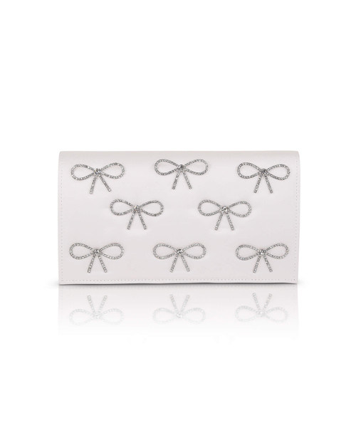 White | Julie Bow Embellished Flap Clutch Front