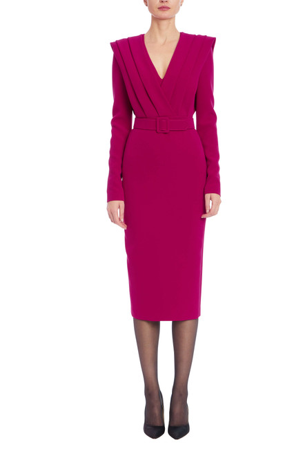Raspberry | Long Sleeve V-Neck Belted Midi Dress Front Raspberry | Long Sleeve V-Neck Belted Midi Dress Front