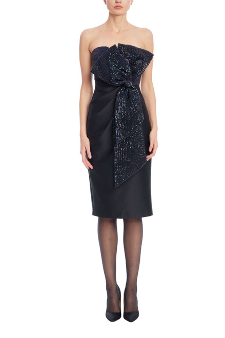 Black | Black Strapless Midi Sheath with Sequin Bow Detail Front Black | Black Strapless Midi Sheath with Sequin Bow Detail Front