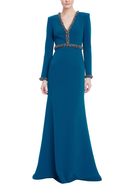 Peacock | Long Sleeve Teal Gown with Beaded Trim Front Peacock | Long Sleeve Teal Gown with Beaded Trim Front