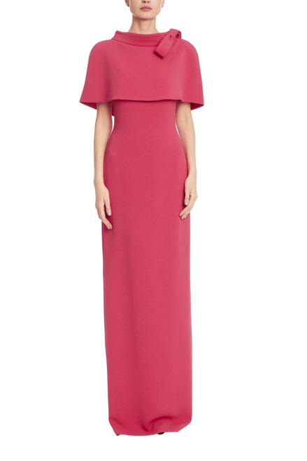 Strawberry | Capelet & Bow Accent Column Evening Dress Front Strawberry | Capelet & Bow Accent Column Evening Dress Front