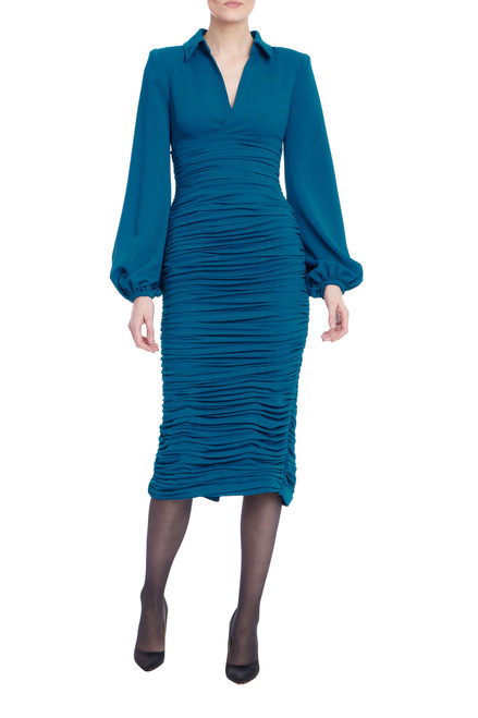 Navy | Long Sleeve Ruched Collared Cocktail Dress Front Navy | Long Sleeve Ruched Collared Cocktail Dress Front