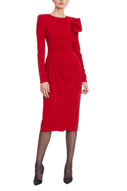 Red | Long Sleeve Draped Formal Dress Front Red | Long Sleeve Draped Formal Dress Front