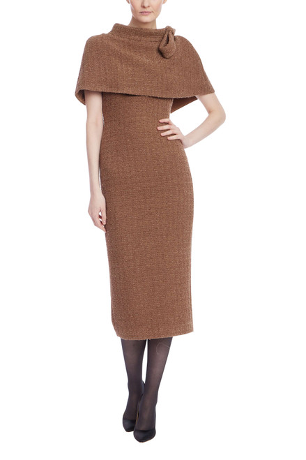 Mocha | Short Sleeve Tweed Capelet Midi Dress Front Mocha | Short Sleeve Tweed Capelet Midi Dress Front
