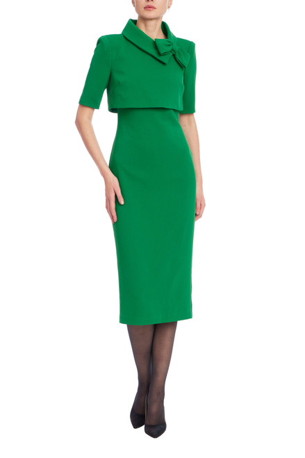 Emerald | Elegant Short Sleeve Sheath with Bow Detail Front Emerald | Elegant Short Sleeve Sheath with Bow Detail Front