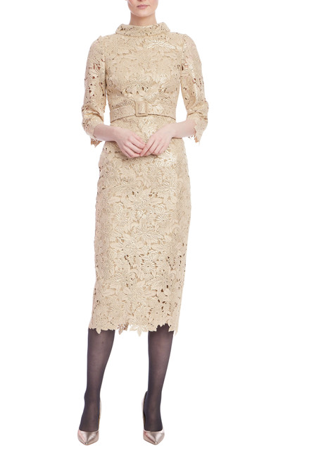 Gold | Gold High Neck Long Sleeve Cocktail Dress with Belt Front Gold | Gold High Neck Long Sleeve Cocktail Dress with Belt Front
