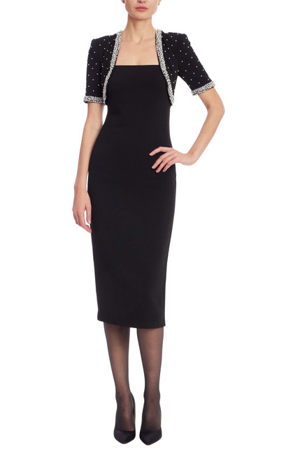 Black | Square Neck Sheath Dress with Embellished Bolero Front Black | Square Neck Sheath Dress with Embellished Bolero Front