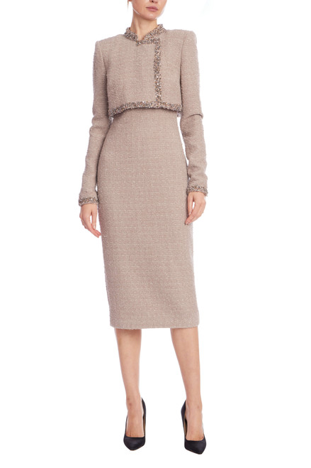 Latte | Tweed Sheath Dress with Embellished Popover Front Latte | Tweed Sheath Dress with Embellished Popover Front