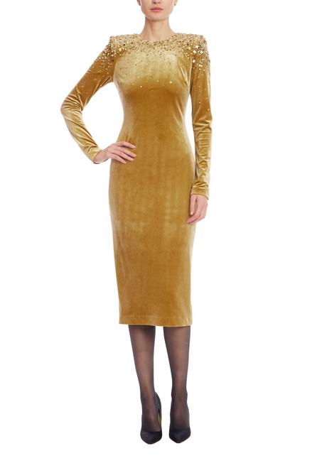 Gold | Gold Velvet Long Sleeve Beaded Shoulder Midi Dress Front Gold | Gold Velvet Long Sleeve Beaded Shoulder Midi Dress Front