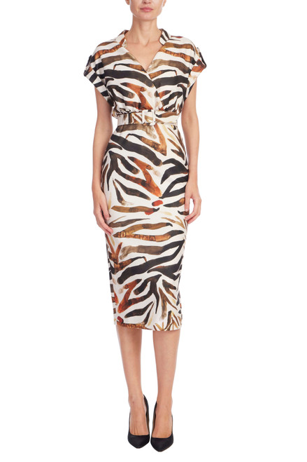 Bronze Multi | Zebra Print Midi Shirt Dress with Belt Front Bronze Multi | Zebra Print Midi Shirt Dress with Belt Front