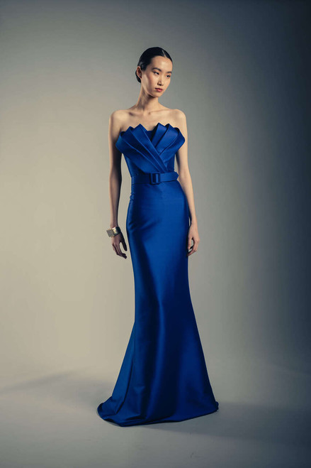 Cobalt | Strapless Mermaid Gown with Architectural Bodice Runway Cobalt | Strapless Mermaid Gown with Architectural Bodice Runway