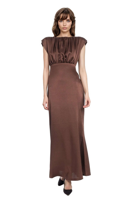 Brown | Kelly High Neck Gathered Bodice Gown Front Brown | Kelly High Neck Gathered Bodice Gown Front