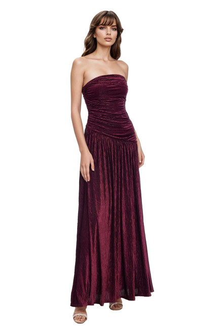 Wine | Katia Strapless Ruched Bodice Pleated Gown Front Wine | Katia Strapless Ruched Bodice Pleated Gown Front