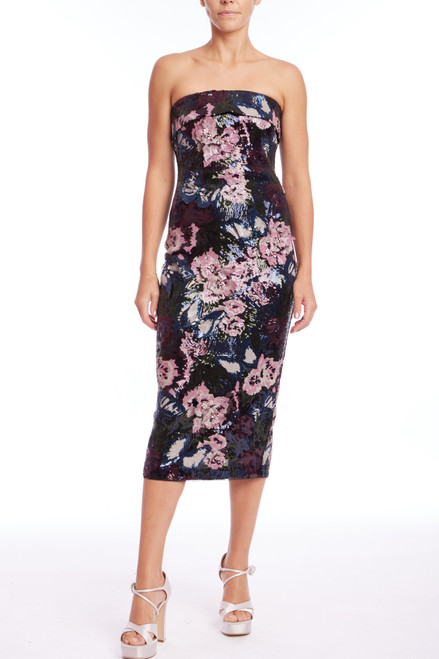 Navy Multi | Strapless Beaded and Sequin Floral Midi Dress Front Navy Multi | Strapless Beaded and Sequin Floral Midi Dress Front