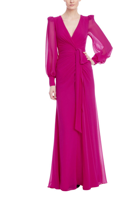 Fuchsia | A-line Gown with Sheer Bishop Sleeves Front Fuchsia | A-line Gown with Sheer Bishop Sleeves Front