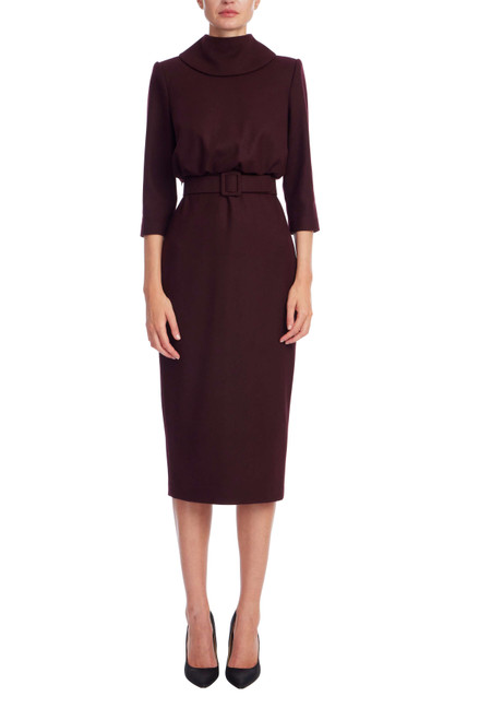 Wine | Mock Neck Belted Midi Sheath Dress Front Wine | Mock Neck Belted Midi Sheath Dress Front