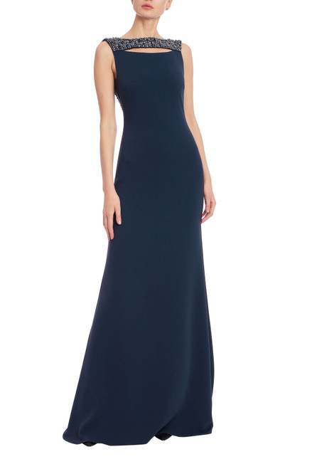 Navy | Beaded Neck Sleeveless A-Line Gown Front Navy | Beaded Neck Sleeveless A-Line Gown Front