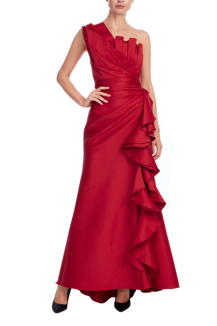 Red | Sculptural One-Shoulder Ruffle Gown Front Red | Sculptural One-Shoulder Ruffle Gown Front