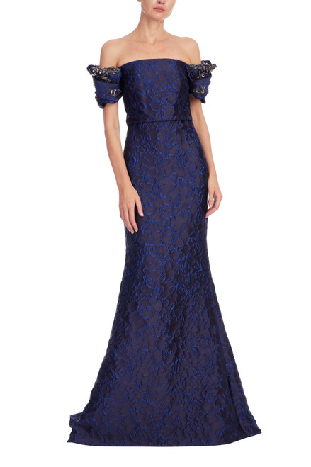 Cobalt | Beaded Off Shoulder Jacquard Mermaid Gown Front Cobalt | Beaded Off Shoulder Jacquard Mermaid Gown Front