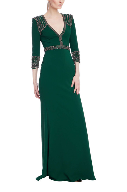Dark Emerald | Beaded Three-Quarter Sleeve Gown Front Dark Emerald | Beaded Three-Quarter Sleeve Gown Front