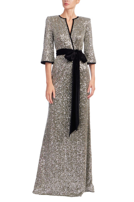 Gunmetal | Sequined & Velvet Sash V-Neck Gown Front Gunmetal | Sequined & Velvet Sash V-Neck Gown Front